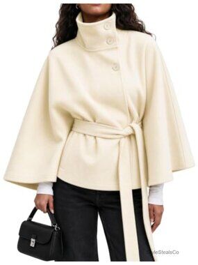 Wool Blend Batwing Sleeve Poncho Cape Coat Belted Cropped Pea Coat